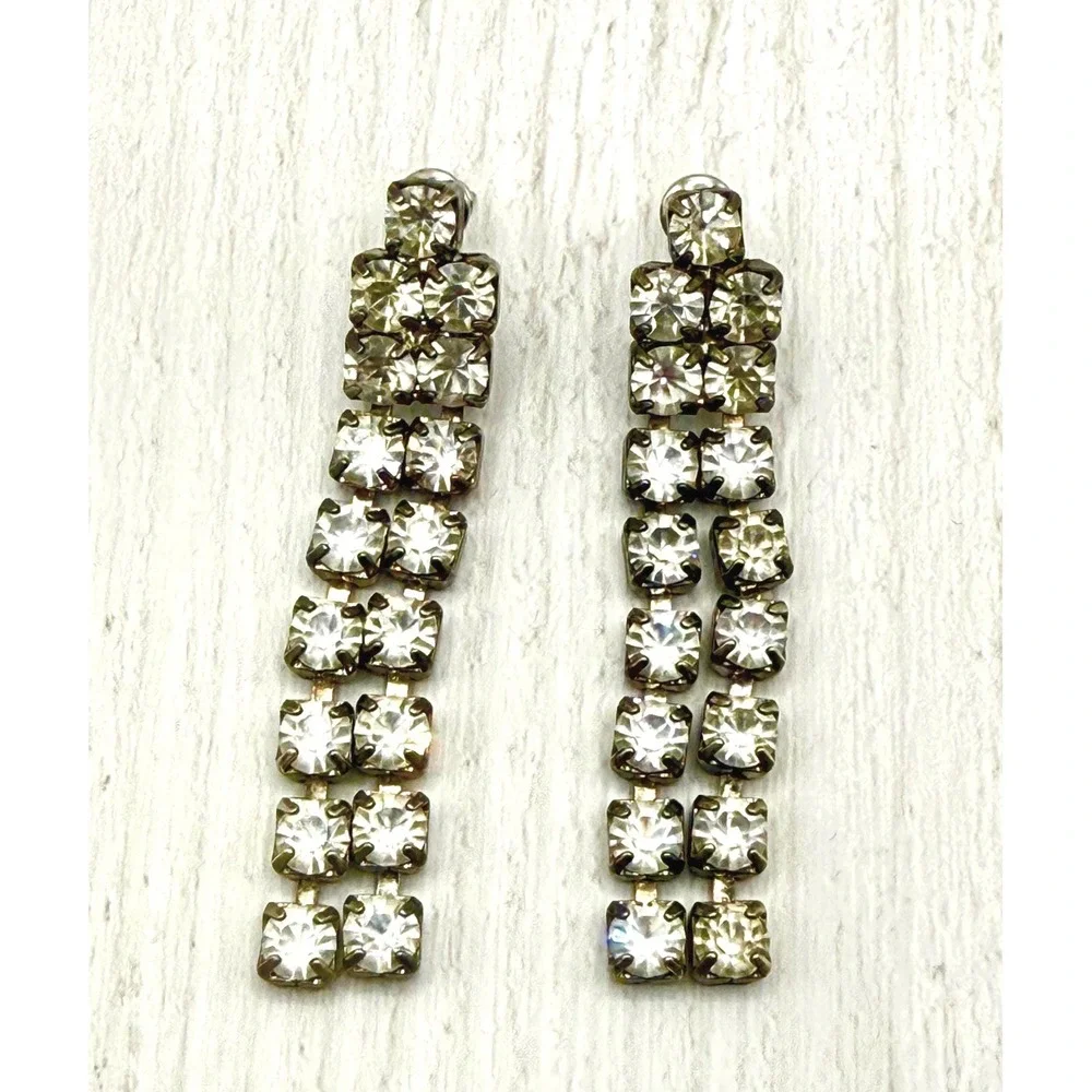 Vintage 1960s Rhinestone Dangle Earrings Double Strand MCM‎ Glam Drop Earrings
